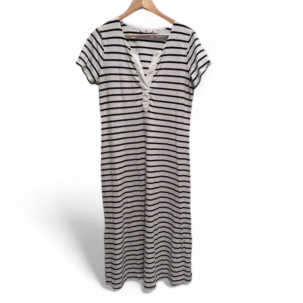Vineyard Vines Zen Black White Striped Midi T-Shirt‎ Dress Size Medium Cotton